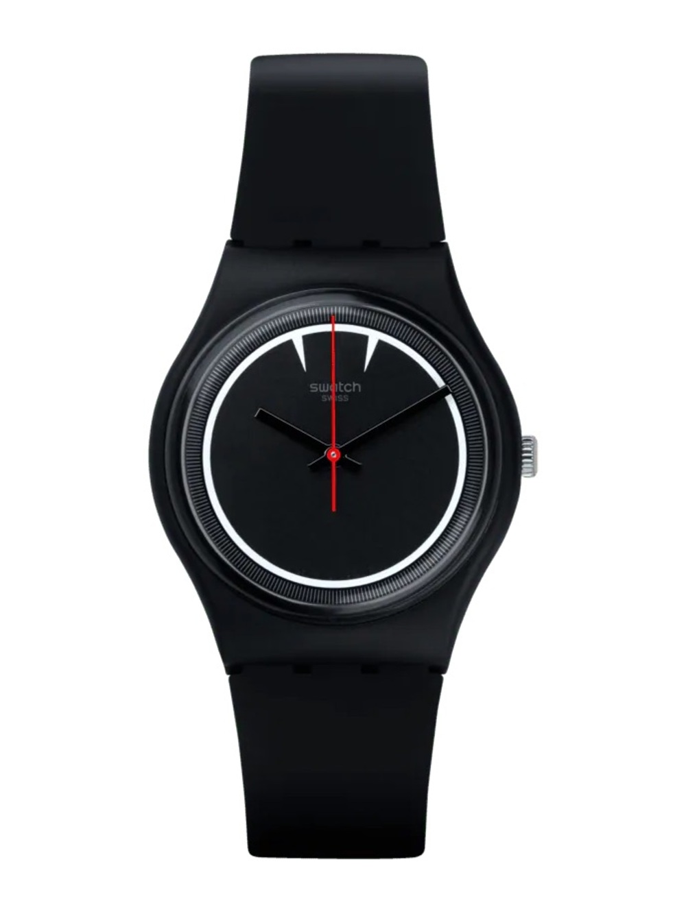 Swatch Black Silicone Watch with Red Hands and White Accents